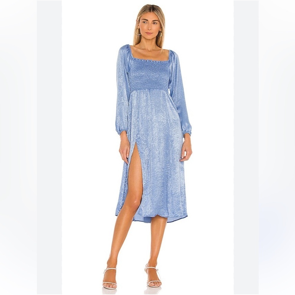 REVOLVE Powder Blue Smocked Midi Dress with Square Neck & Thigh Slit